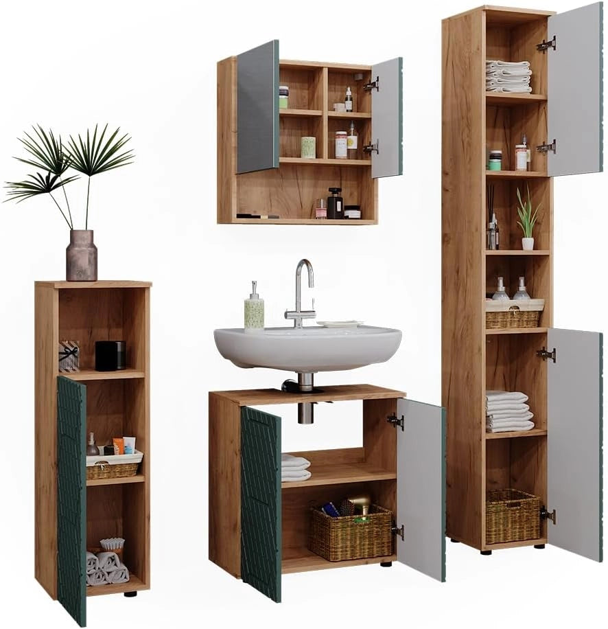 Set mobili bagno Irma, Quercia verde/oro, 4 pezzi, con colonna