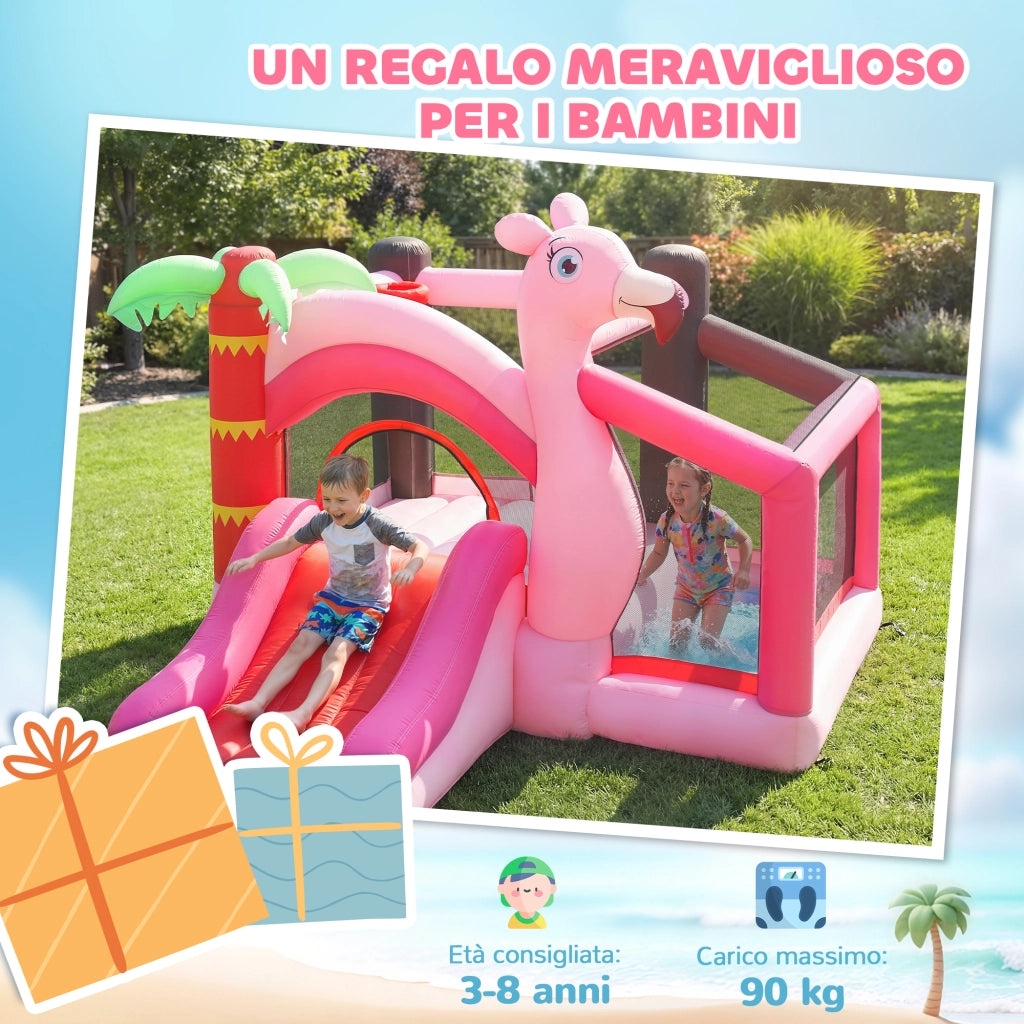 Castello Gonfiabile per Bambini 255x230x196 cm con Scivolo Trampolino Vasca di Palline e Canestro Basket Rosa