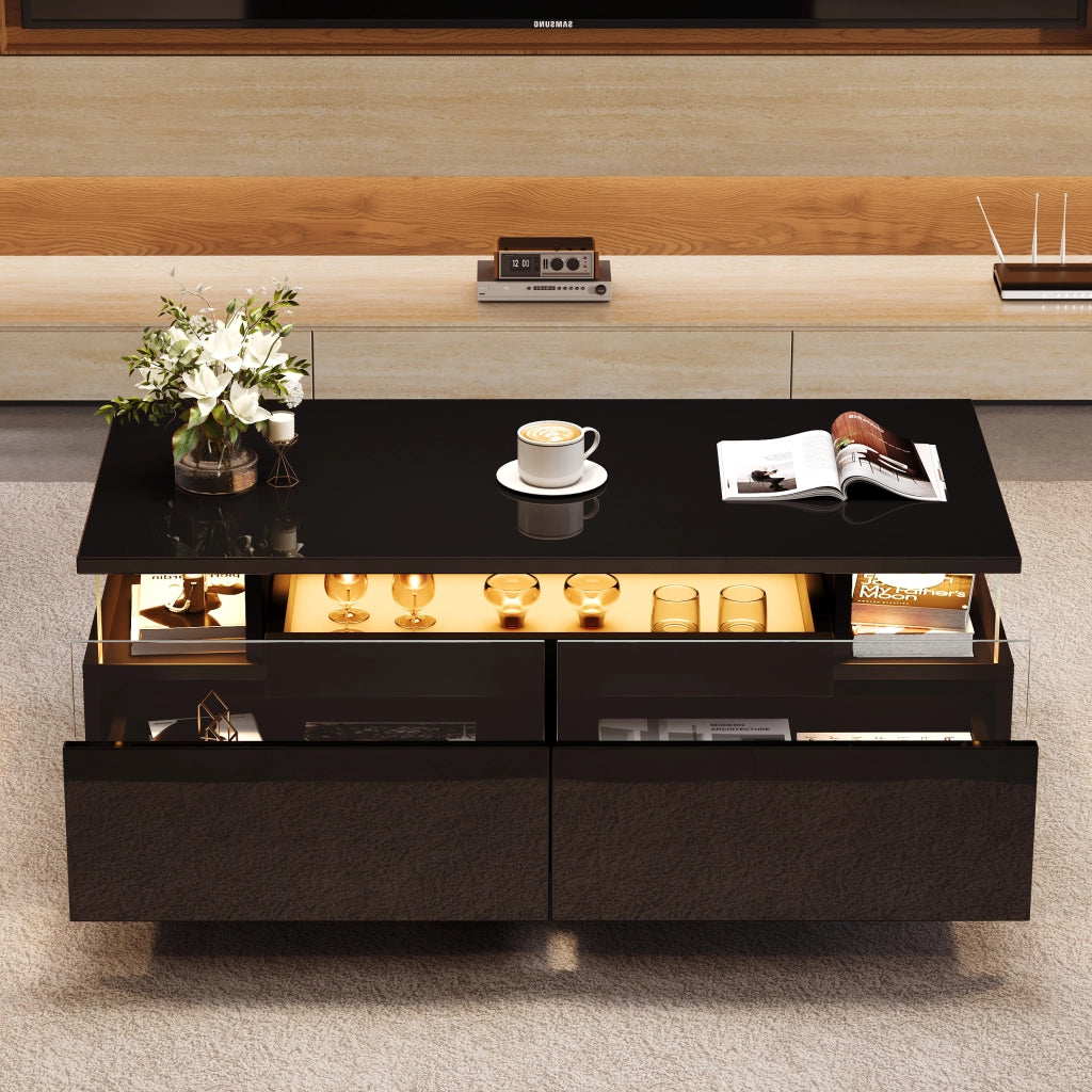 Tavolino da caffè 90x45x35;5 cm; con vassoio e LED; truciolare; vetro temperato e acrilico nero