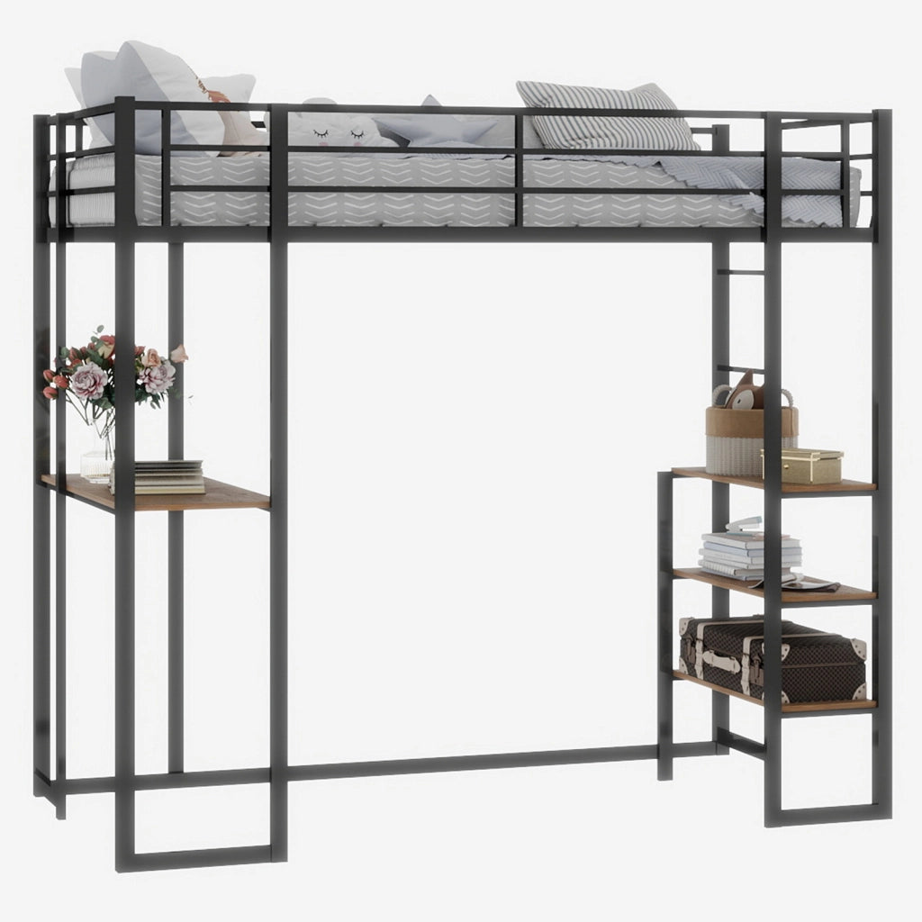 Letto a soppalco singolo 90 × 190 cm con scrivania, scala su 2 lati e barriera, senza materasso, nero