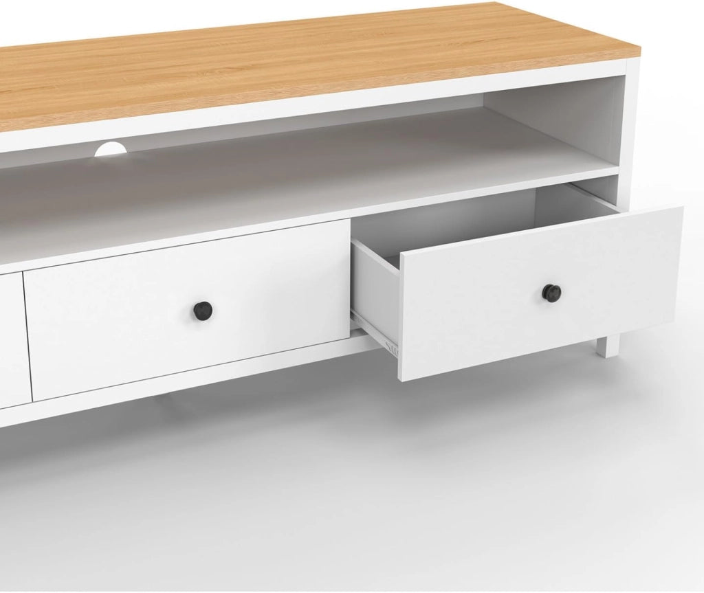 Porta TV ACHILLE 140 cm con 3 cassetti bianchi e piano in legno