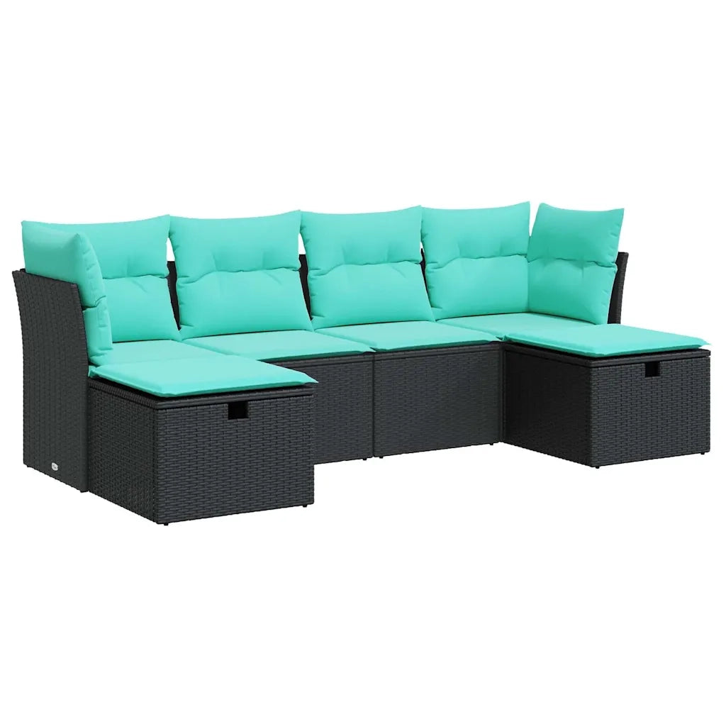 Set Divano da Giardino 6 pz con Cuscini Nero in Polyrattan