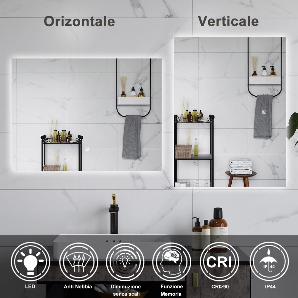AICA Specchio da bagno 80 x 60 cm, antiappannamento, dimmerabile, interruttore touch, Funzione Memoria