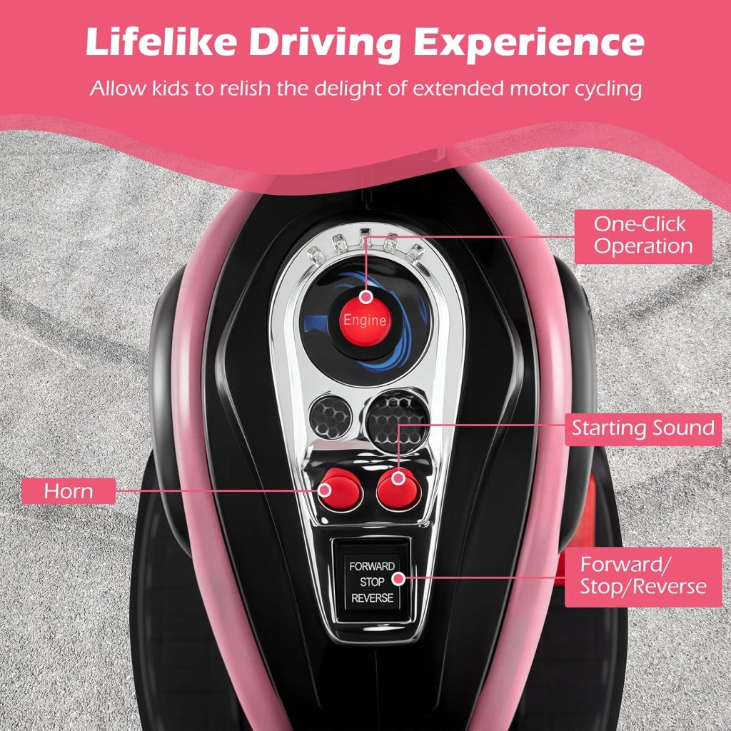 Moto Elettrica per Bambini 6V a 3 Ruote con Luci LED e Suoni, Motorino Triciclo con Acceleratore a Pedale, Motocicletta con Specchietto, 3 km/h, Carico 30 kg, 3+ Anni (Rosa)