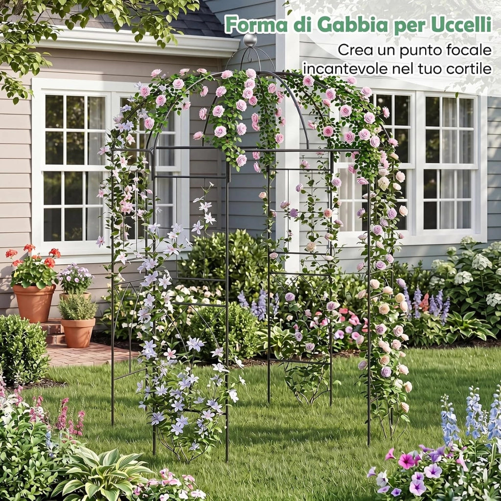 Pergolato da Giardino a Forma di Gabbia, Traliccio ad Arco in Metallo per Piante Rampicanti con Gancio e Picchetti, Gazebo da Giardino Decorativo con 4 Lati per Matrimoni, 203 x 203 x 296 cm
