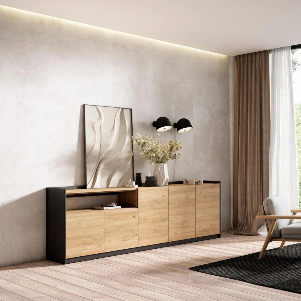 Credenza, Mobile, Cucina, 260x80x37 cm, 5 Porte, grande stoccaggio, Rovere e nero