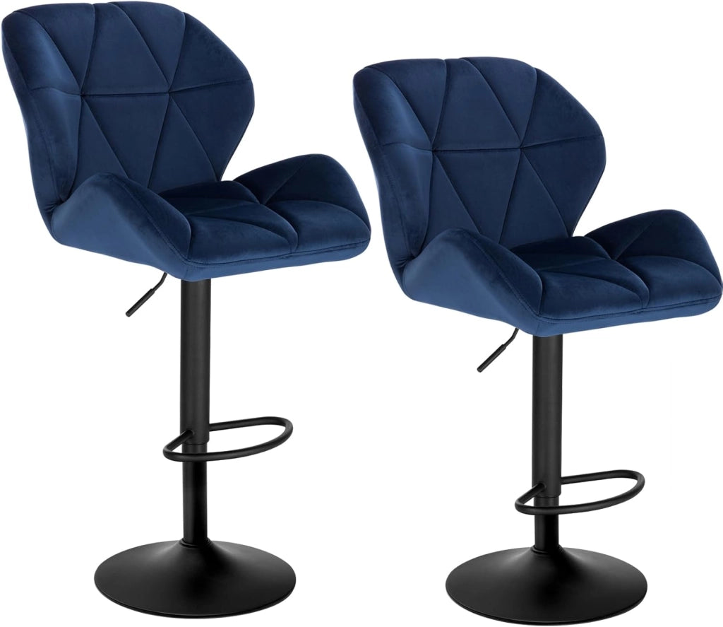 2X Sgabelli da Bar con Schienale Sedia Imbottita Regolabile in Altezza Lift Gas Tessuto Velluto Blu