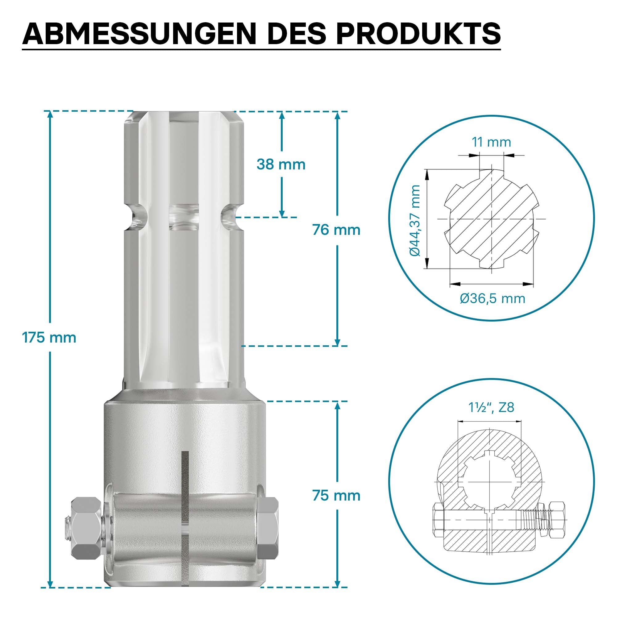 Boccola albero cardanico 175mm Attacco albero scanalato 8-32x38x6 per albero uscita 1 3/4" 6 denti