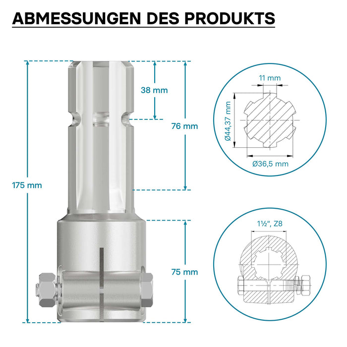 Boccola albero cardanico 175mm Attacco albero scanalato 8-32x38x6 per albero uscita 1 3/4" 6 denti