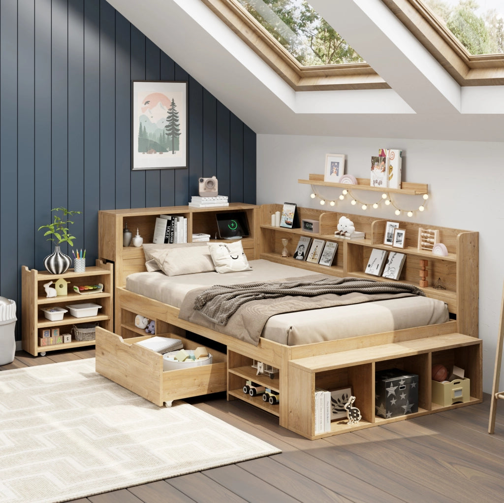 Letto per bambini 90x200 cm con contenitore; ripiani e cassetti; in plywood naturale
