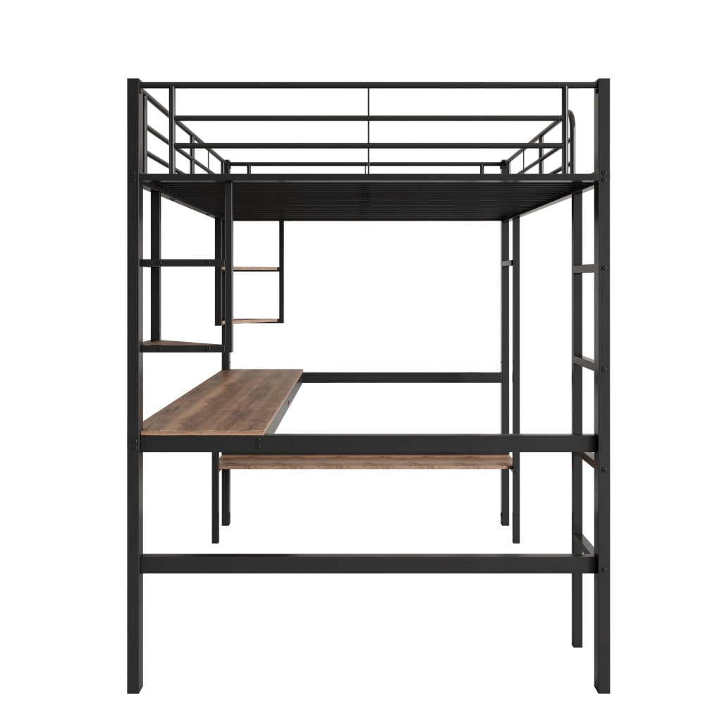 OKWISH Letto a Soppalco 90×200 cm, Letto Singolo con Scrivania, 5 Mensole e Libreria, senza Materasso, in Metallo, Nero