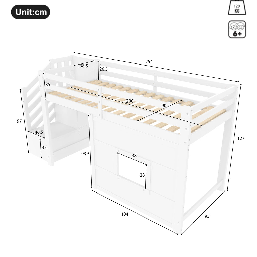 Letto a castello bianco con funzione contenitore scala e finestra in mdf pino compensato 90x200 cm