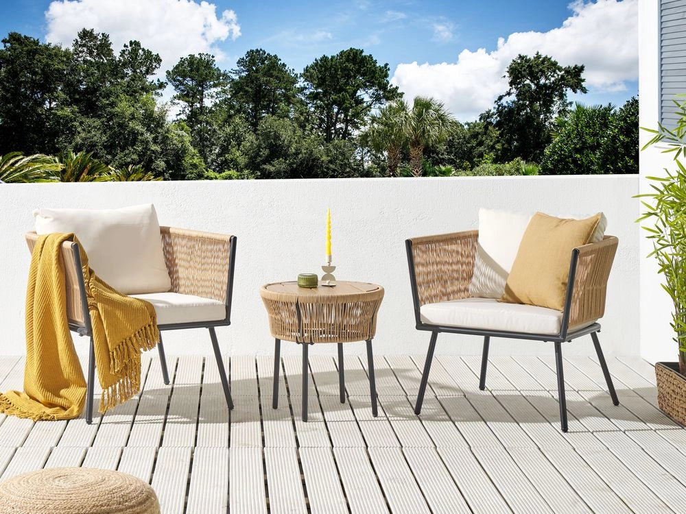 Set Bistro Naturale Off-White PE Rattan Cuscini staccabili Tavolino da Caffè Giardino Esterno