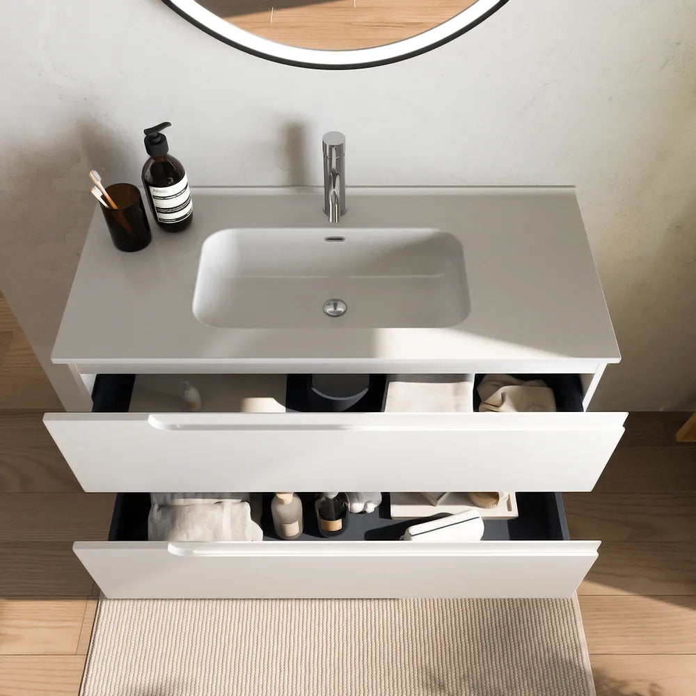 Mobile bagno sospeso 120 cm due cassetti bianco opaco con lavabo | Ardenne