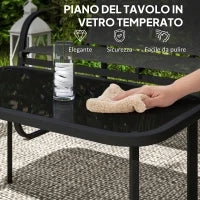 Set da Giardino con 2 Divani 2 Posti, 2 Poltrone e un Tavolino da Caffè con Piano in Vetro, Nero