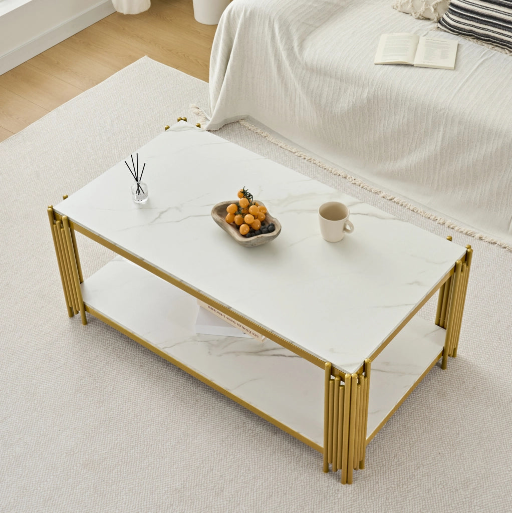 Tavolino da caffè 1140x64x46 cm con 2 ripiani; struttura in metallo e MDF; bianco oro