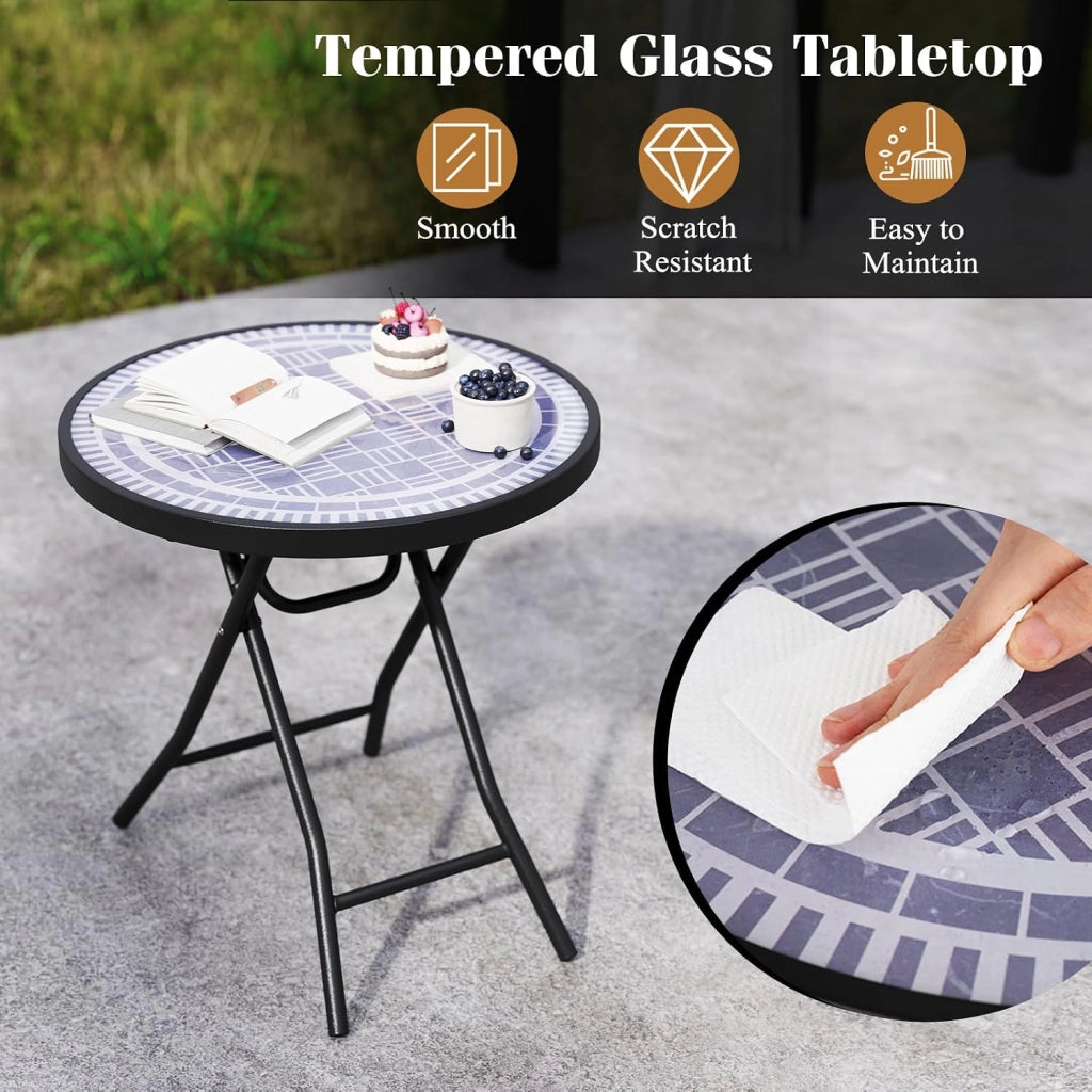 Tavolo da giardino in vetro temperato da 46 cm, tavolino pieghevole con telaio in metallo, tavolo da pranzo rotondo per patio, terrazza, balcone, tavolo laterale per interni ed esterni