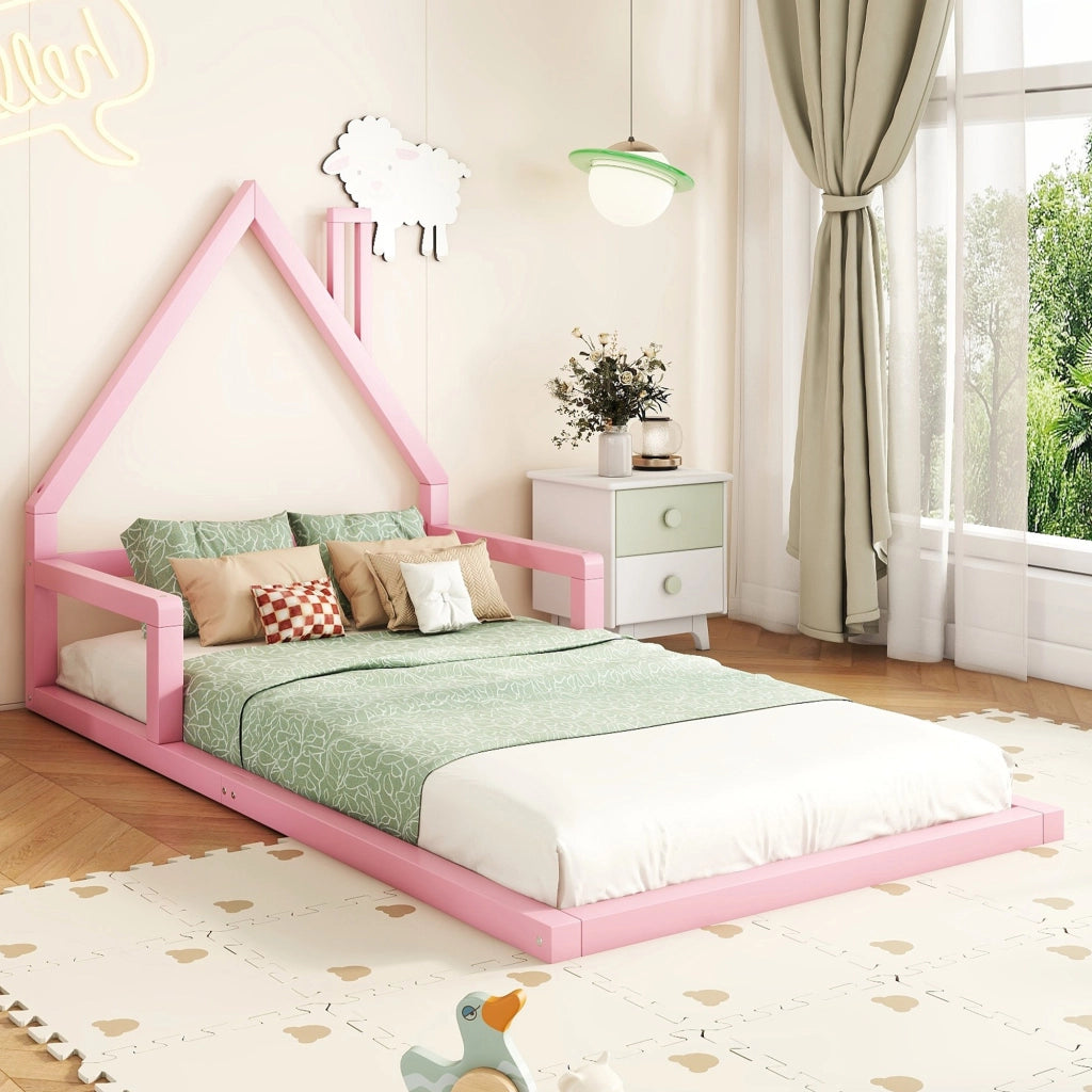 Letto a forma di casa per bambini rosa in legno massello di pino 90x200 cm