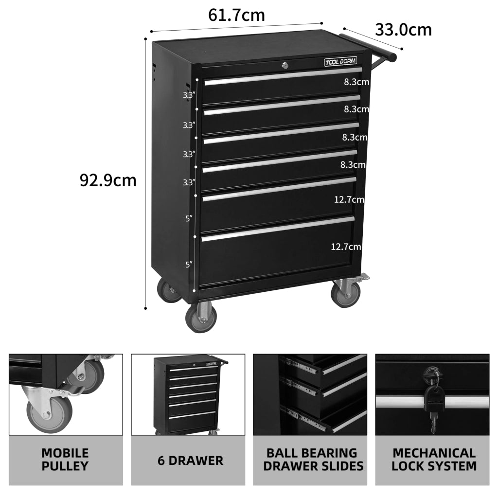 Scaffale con 7 cassetti e ruote bloccabili, serratura con barra interna, per officina, in metallo nero 615 × 330 × 860 mm