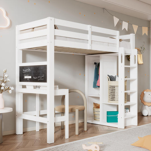 Letto a soppalco per bambini - Xylo - 90x200 cm - Bianco - Con scrivania, armadio e scaffali