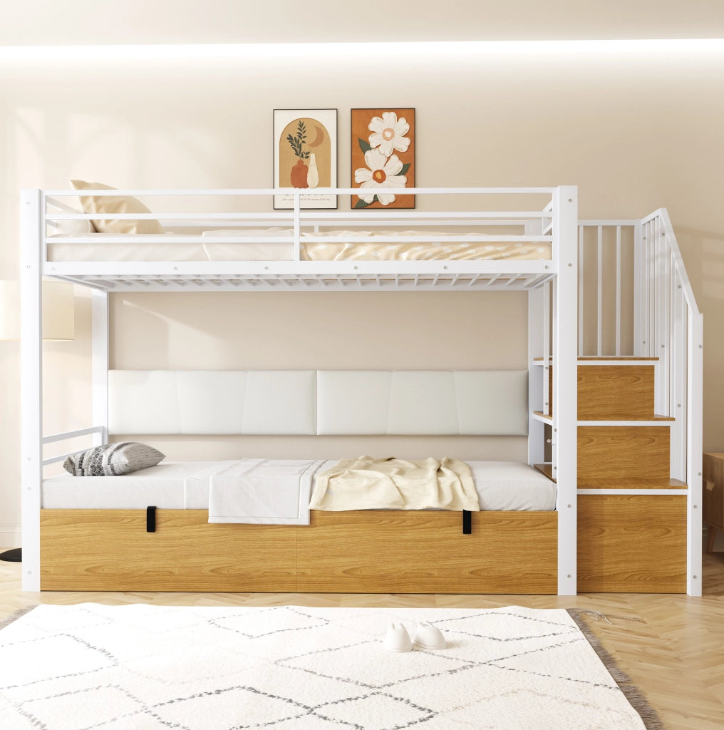 Letto a soppalco multifunzione 90x200 cm bianco in metallo; MDF e compensato; con scala contenitore