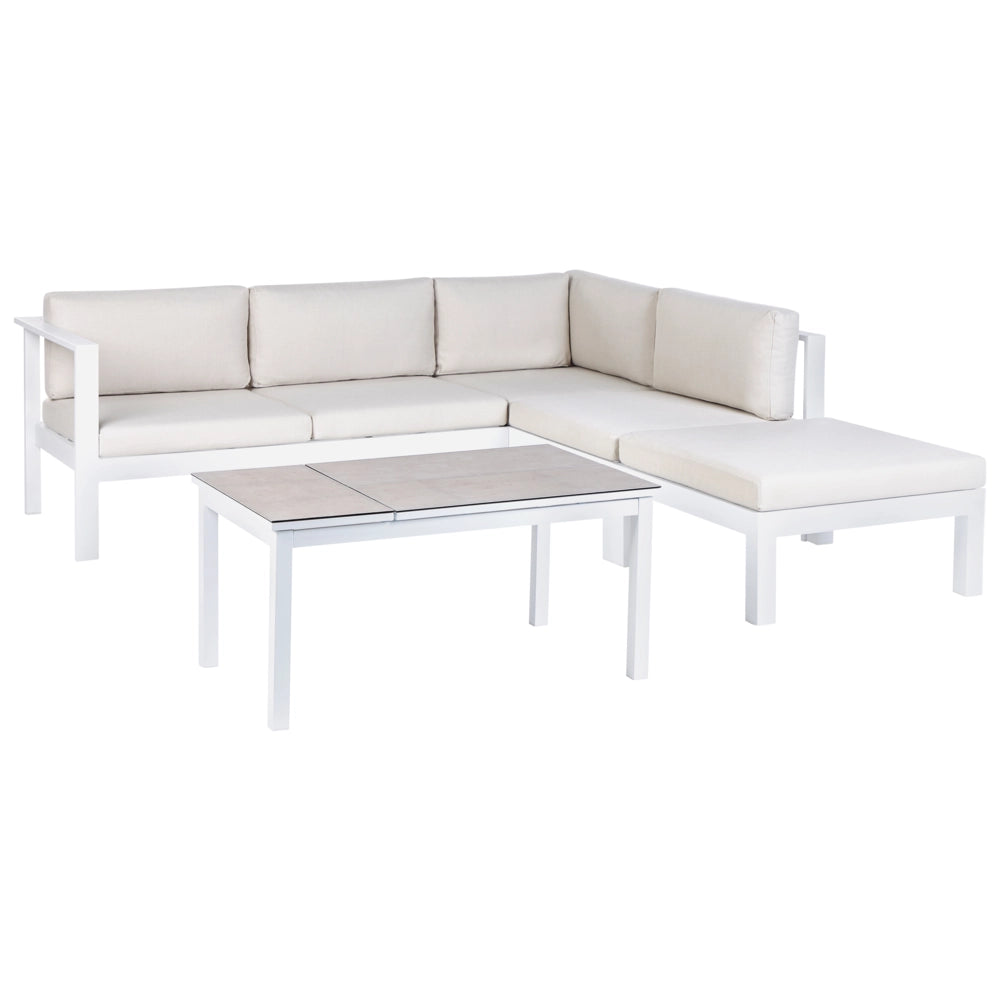 Set da giardino divano 5 posti e tavolo elevabile con struttura bianca e piano in vetro e cuscini bianchi color crema stile moderno scandinavo