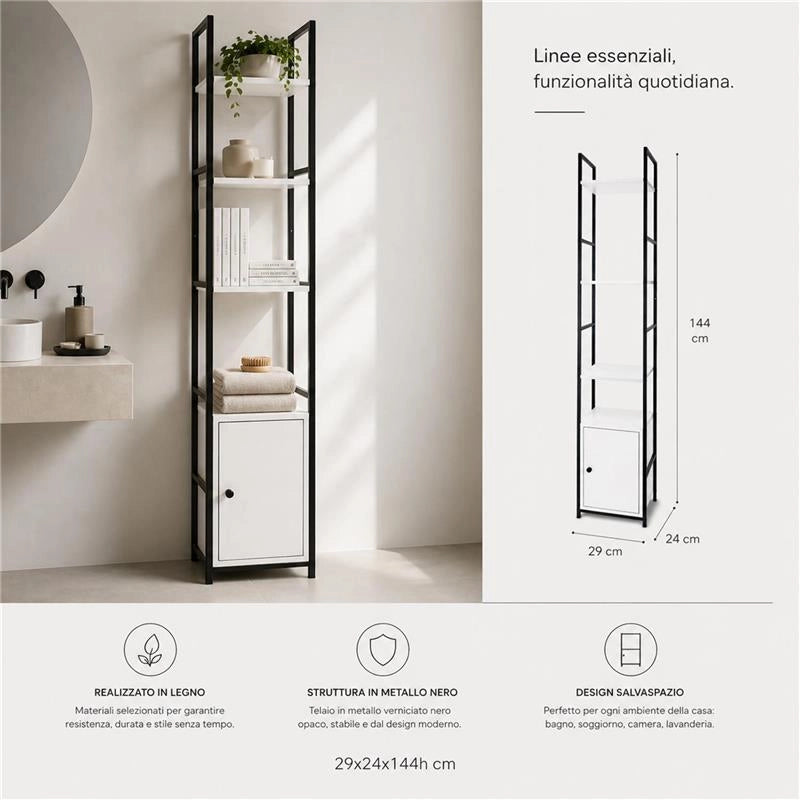SCAFFALE STILE INDUSTRIAL IN LEGNO E METALLO CON 3 RIPIANI E 1 ANTA DIMENSIONI 29X24X144CM - COLORE BIANCO LEGNO