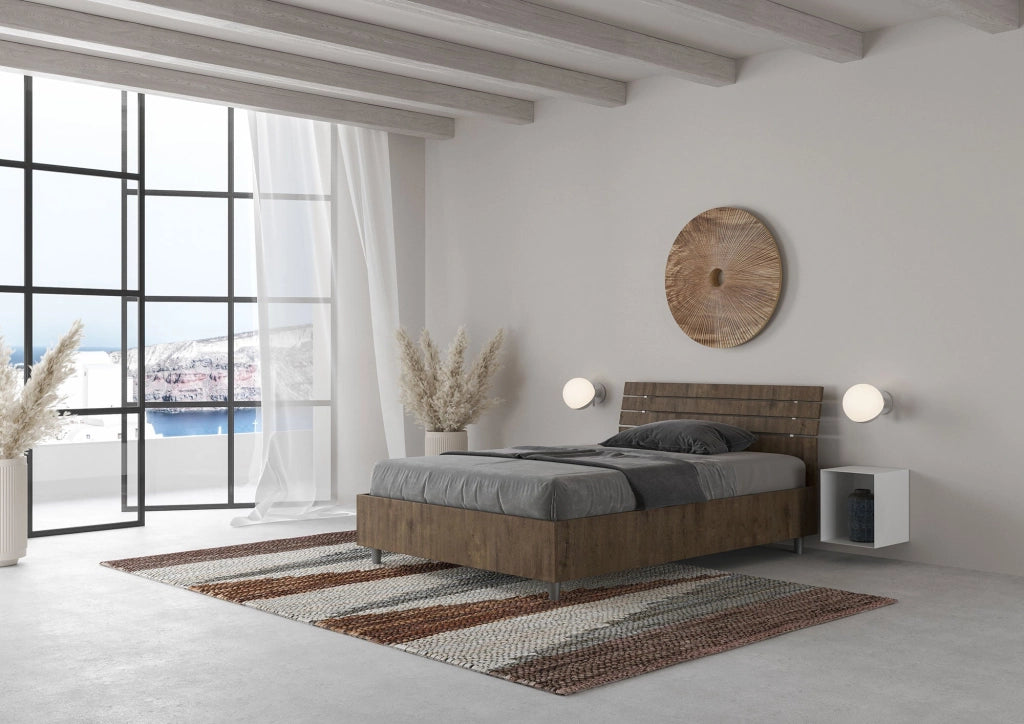 Letto 1 Piazza e Mezzo 120x190 cm con Rete e Contenitore Ankel Testata Doghe Inclinata Noce