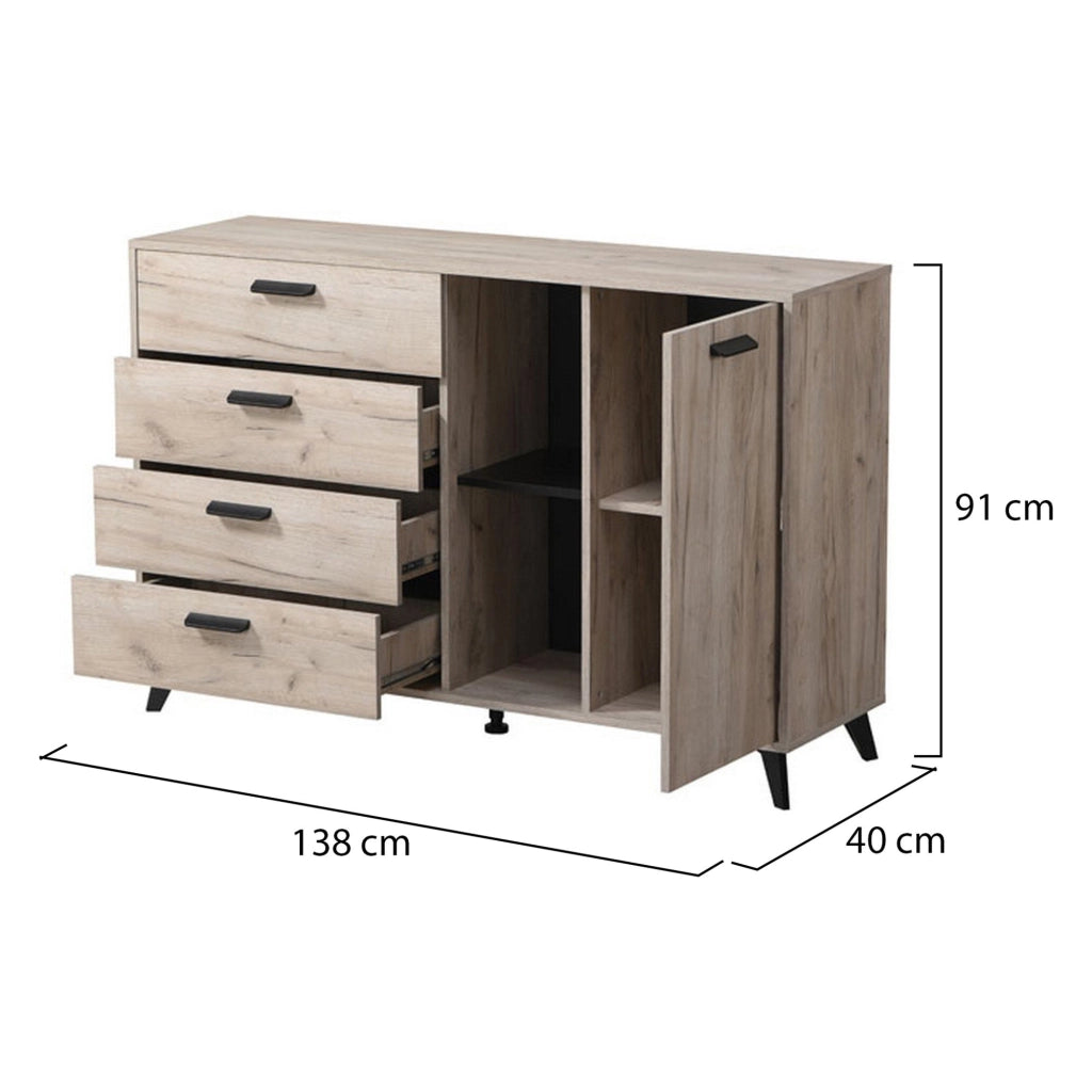 Madia Issogne, Credenza 4 Cassetti, 137.5x40x90.5h cm Marrone Rovere Grigio