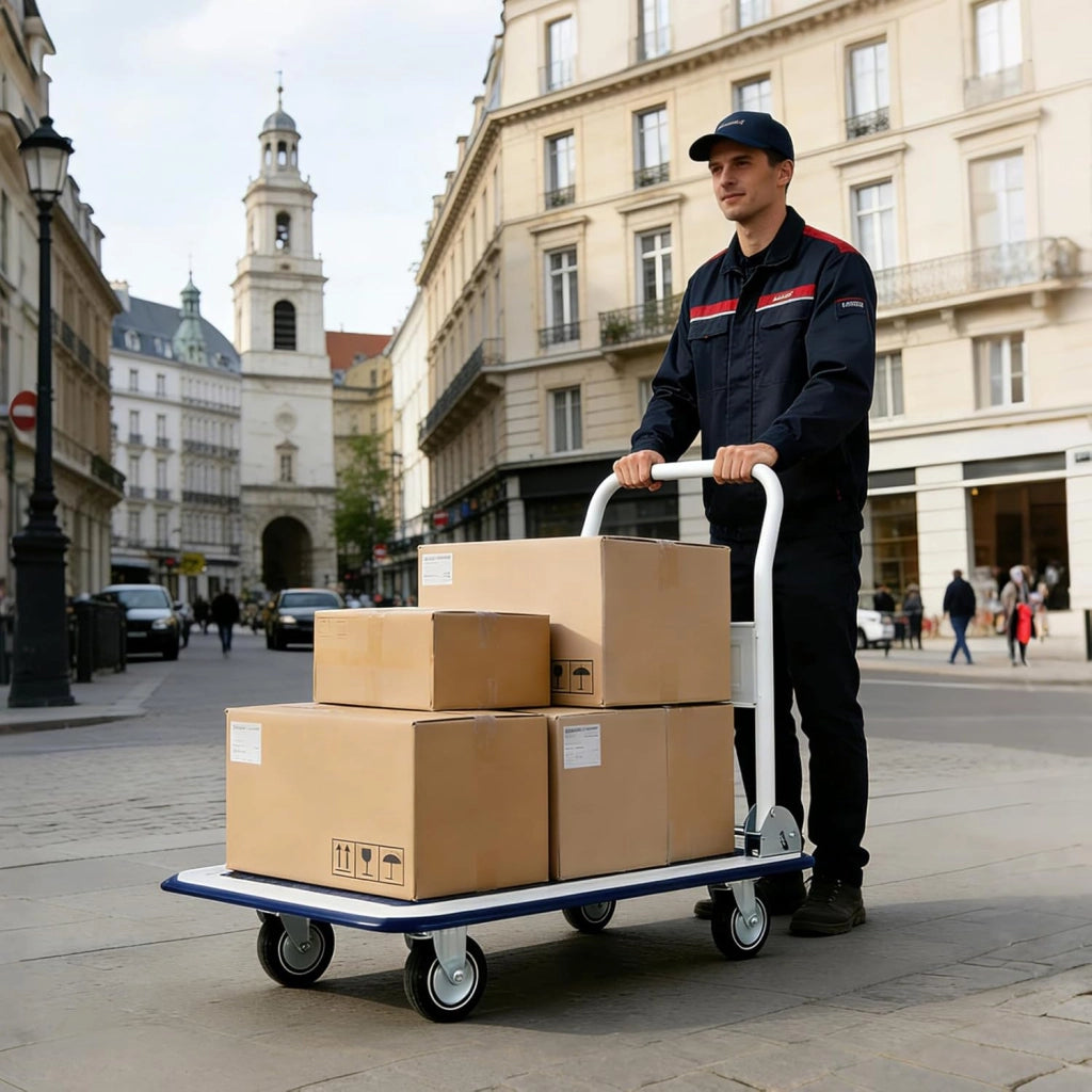 Carrello Pieghevole con Ruote, Carrello a Piattaforma da Transporto, Capacità 150 KG, con Piattaforma Antiscivolo, per Trasporto, Movimentazione, Demenagement, 73 X 48 X 83 CM (Blu+Bianco)