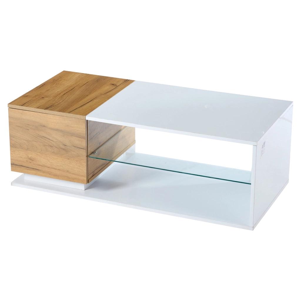 Tavolino da caffè 105x50x36 cm; con LED e spazio contenitivo; truciolare e vetro temperato; bianco e colore naturale