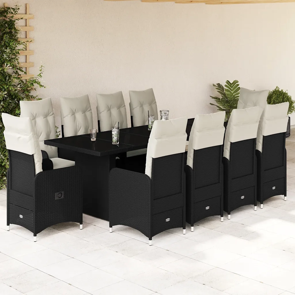Set da BistrÃ² da Giardino 11 pz con Cuscini Nero in Polyrattan