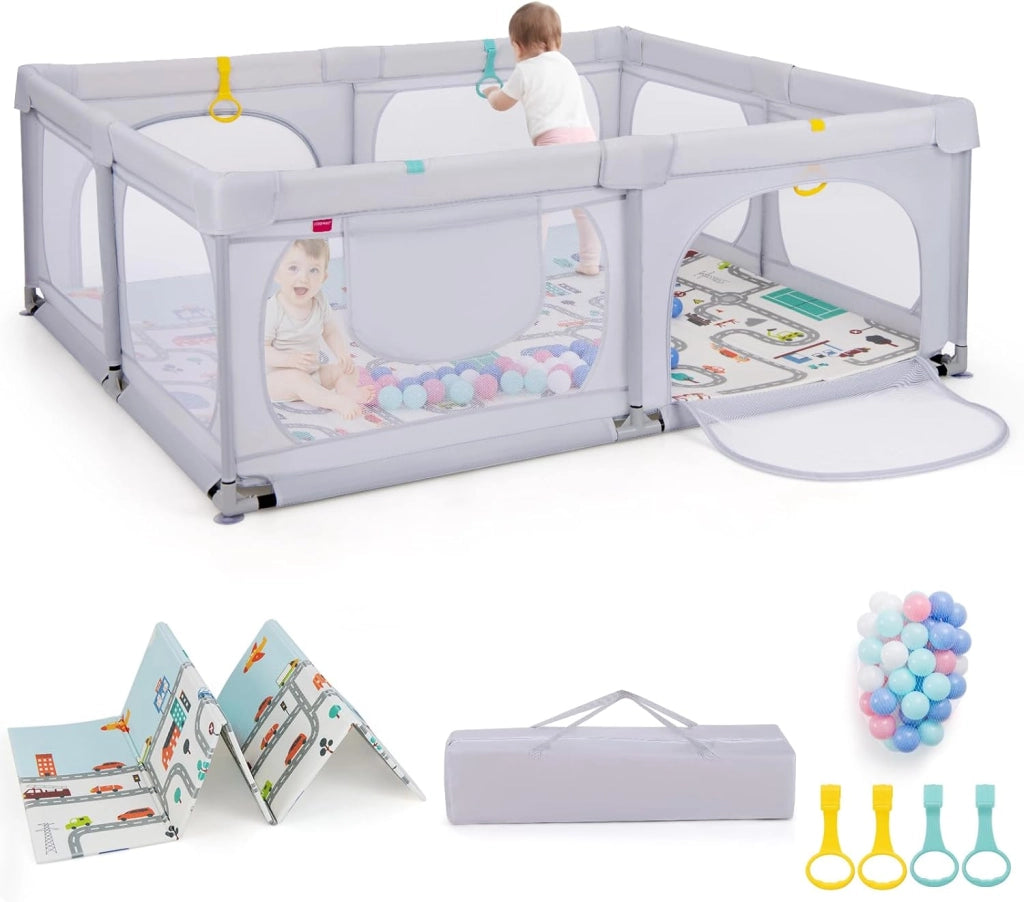 Box per Bambini con Materassino, Recinto per Bambini con 4 Anelli e 50 Palline Colorate, Rete Traspirante, Tasca e Borsa, Box Giochi per Bambino 0-3 Anni (Grigio Scuro, 189 x 158 cm)