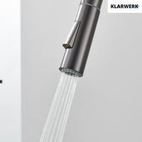 JANA | Rubinetto da cucina estensibile Premium in acciaio inox grigio titanio miscelatore arco alto | alta pressione ruotabile a 360° 2 attacchi