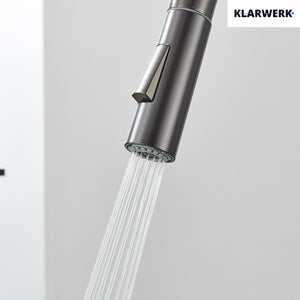 JANA | Rubinetto da cucina estensibile Premium in acciaio inox grigio titanio miscelatore arco alto | alta pressione ruotabile a 360° 2 attacchi