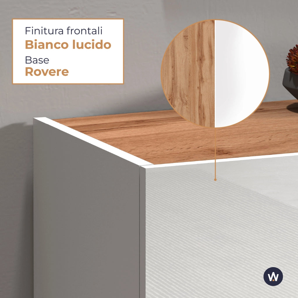 WHOUS Mobile porta tv Garda 2 ante e 1 ripiano centrale bianco lucido e rovere 210x35x30 cm