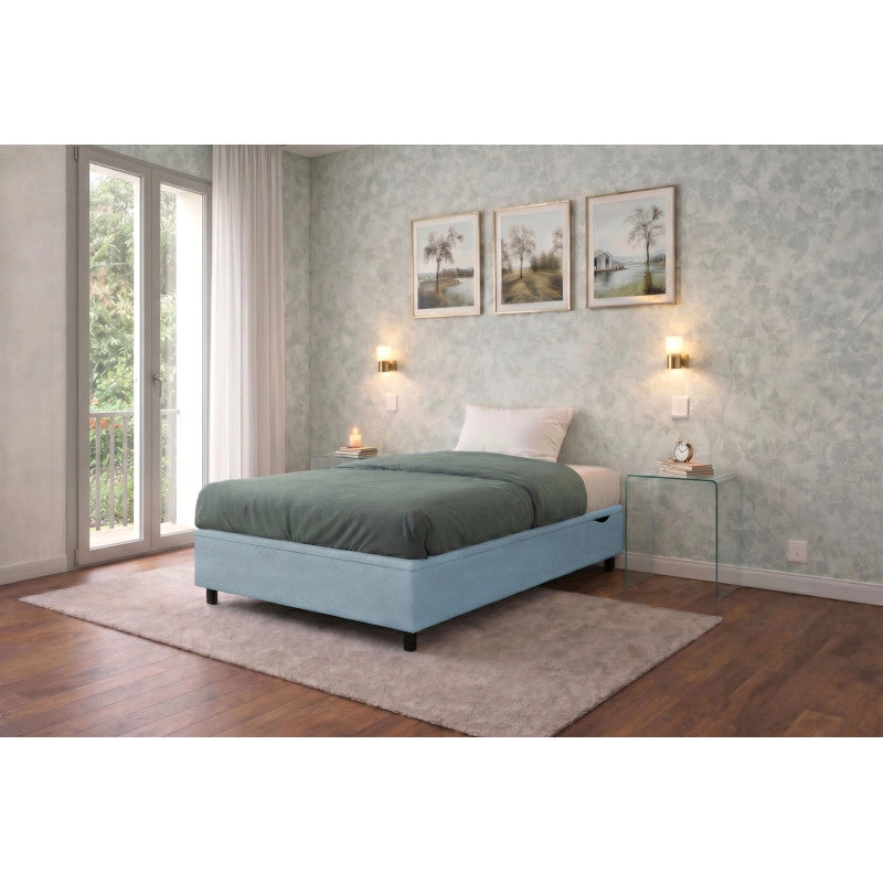 Letto imbottito Singolo 80x190 cm BoxMax - Contenitore,Microfibra,Azzurro