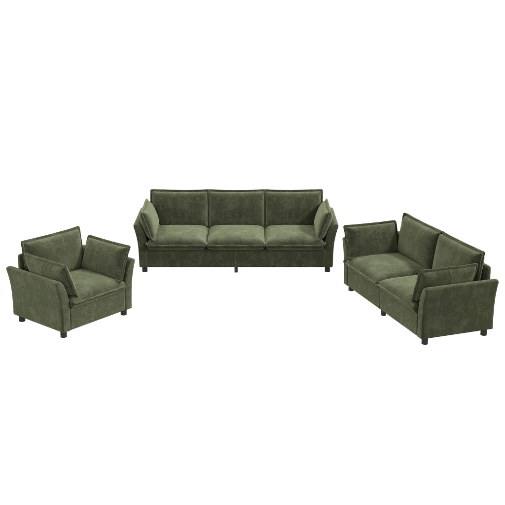 Divano modulare a 3-2-1 posti in chenille verde con braccioli curvi e seduta confortevole