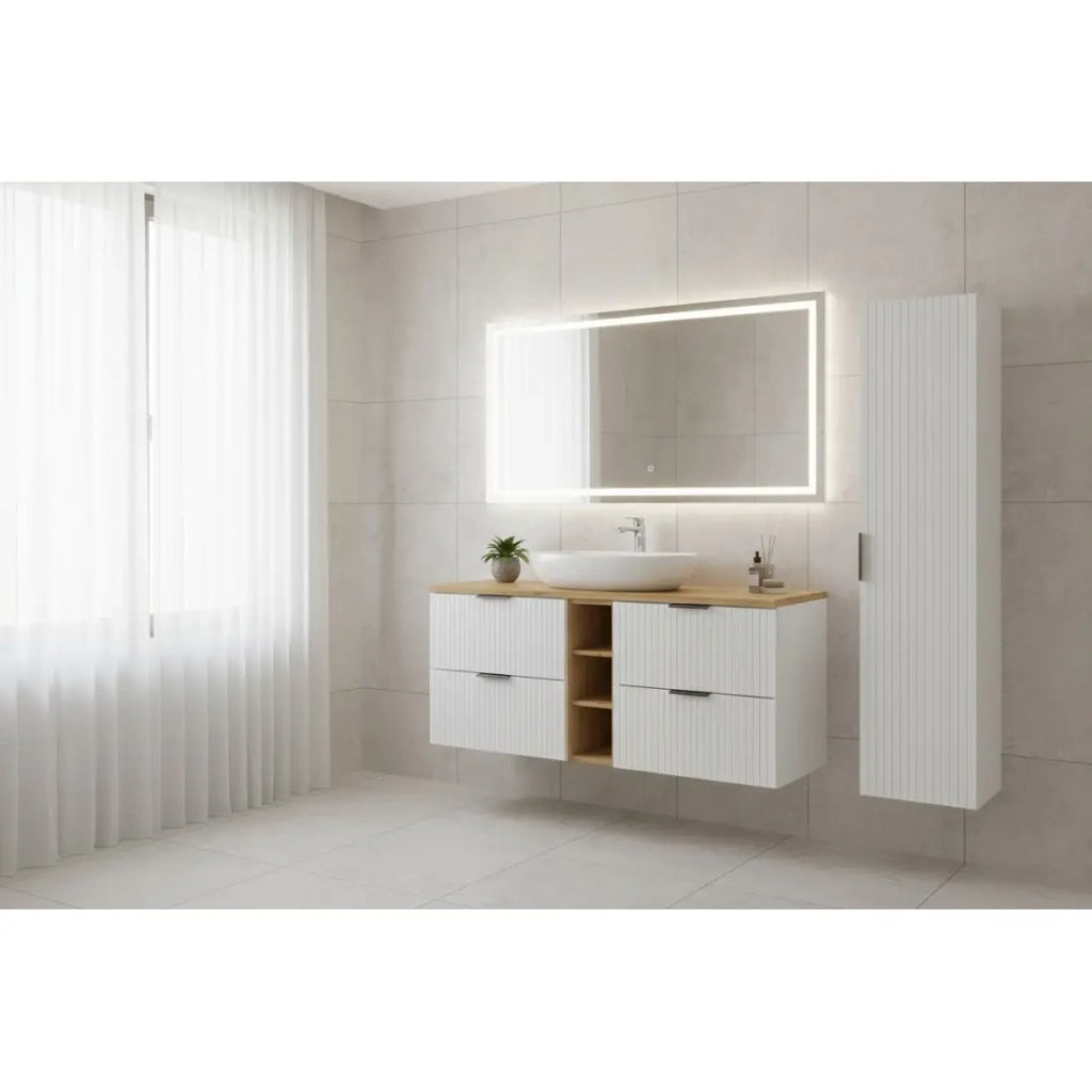 Set da bagno NOXERA 140 cm - Mobile sottolavello sospeso bianco alpino con piano per lavabo e contenitori