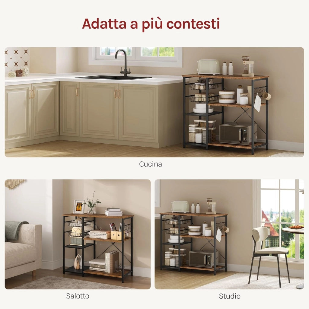 Scaffale da Cucina con 2 Cestelli Estraibili, Supporto per Microonde con 2 Ripiani in Rete Metallica, Scaffalatura Portaoggetti con 5 Ganci, 90x40x82 cm, Marrone Rustico + Nero
