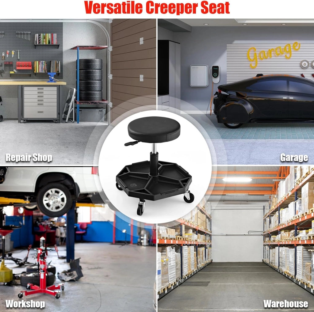 Sgabello rotelle, seduta ergonomica regolabile in altezza 41-55 cm, sgabello con vassoio magnetico rimovibile per riporre attrezzi, carico massimo 150 kg, per officina, garage (nero)