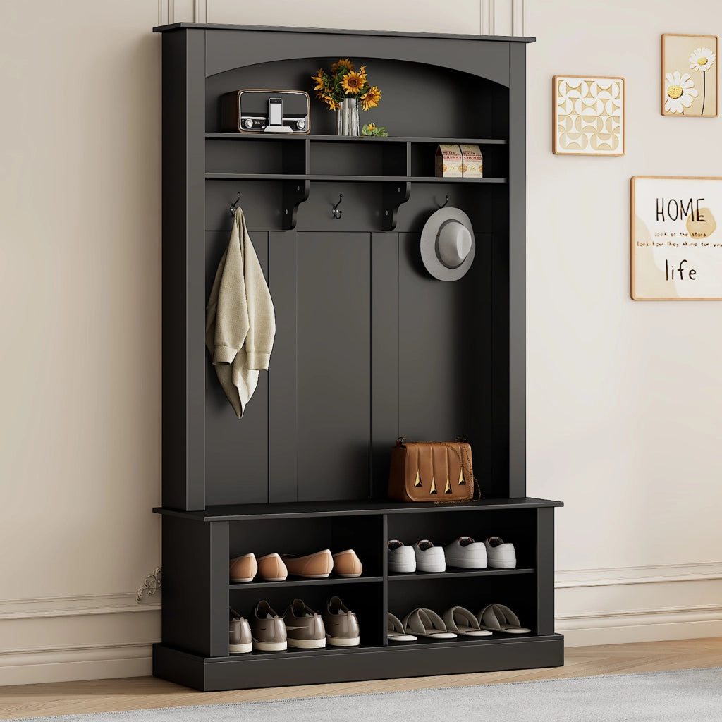OKWISH Mobile da ingresso con panca, 3 ganci, 4 ripiani aperti e 2 ripiani regolabili, nero, 120×40×190 cm