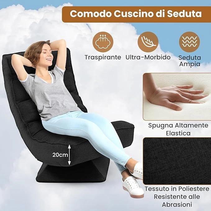 Chaise longue da Pavimento Pieghevole, Sedia da Gioco da Pavimento con Schienale Regolabile in 5 Posizioni, Divano Reclinabile da Interno (Nero)