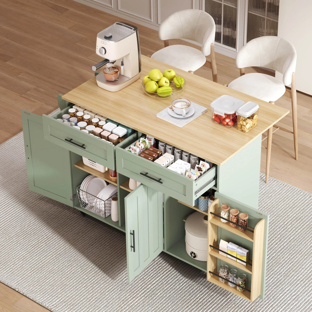 Isola Cucina Mobile 129x46/71x91,5 cm Verde Antico con Piano Ribaltabile, 2 Cassetti e 5 Ruote