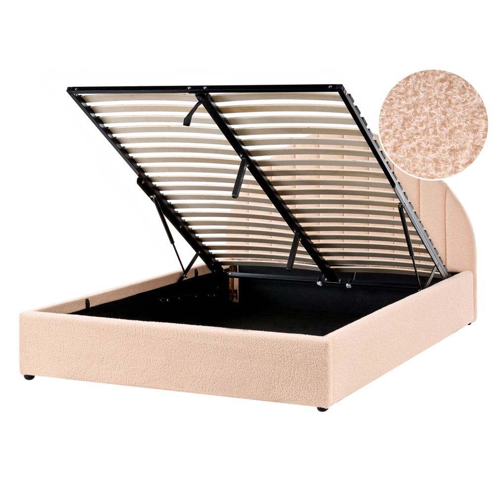 Letto minimalista con contenitore 140 x 200 cm in bouclé stile moderno con testiera rosa pesca