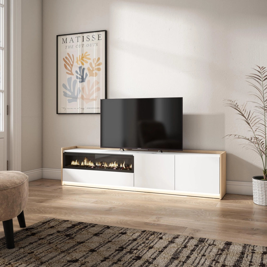 Mobile TV Soggiorno, 207x50x37 cm, Per TV fino a 80", Camino elettrico, LED, Bianco e Rovere soft