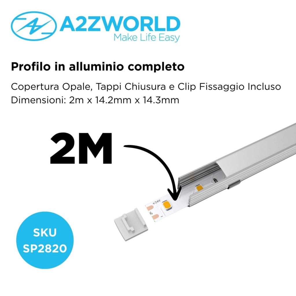 Kit Profilo Alluminio Completo Da 2 Metri Per Striscia Led, Standard Alta, Dimensione 14.2X14.3mm, Larghezza Interna 10mm, 103g/m, Copertura Opale, Tappi Chiusura e Clip Fissaggio Incluso