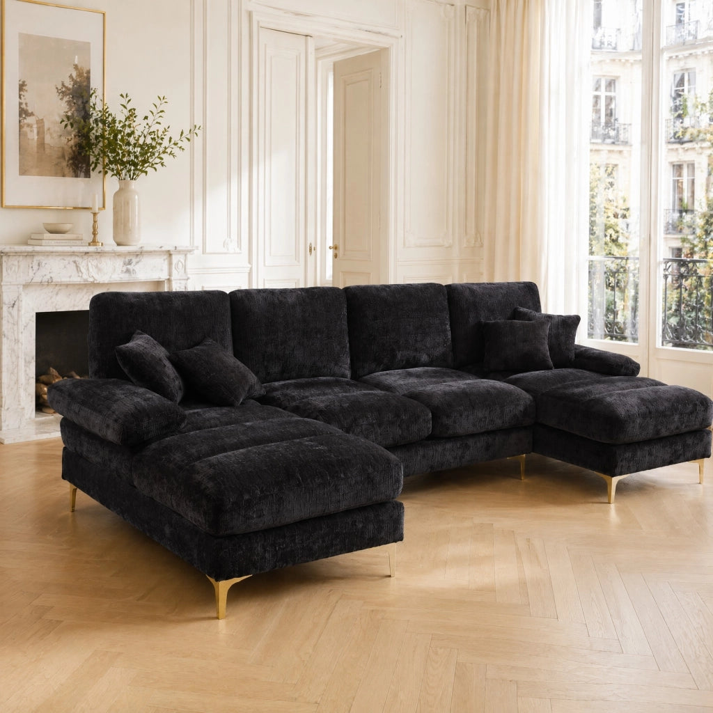 Divano a U in ciniglia nero con doppia chaise longue