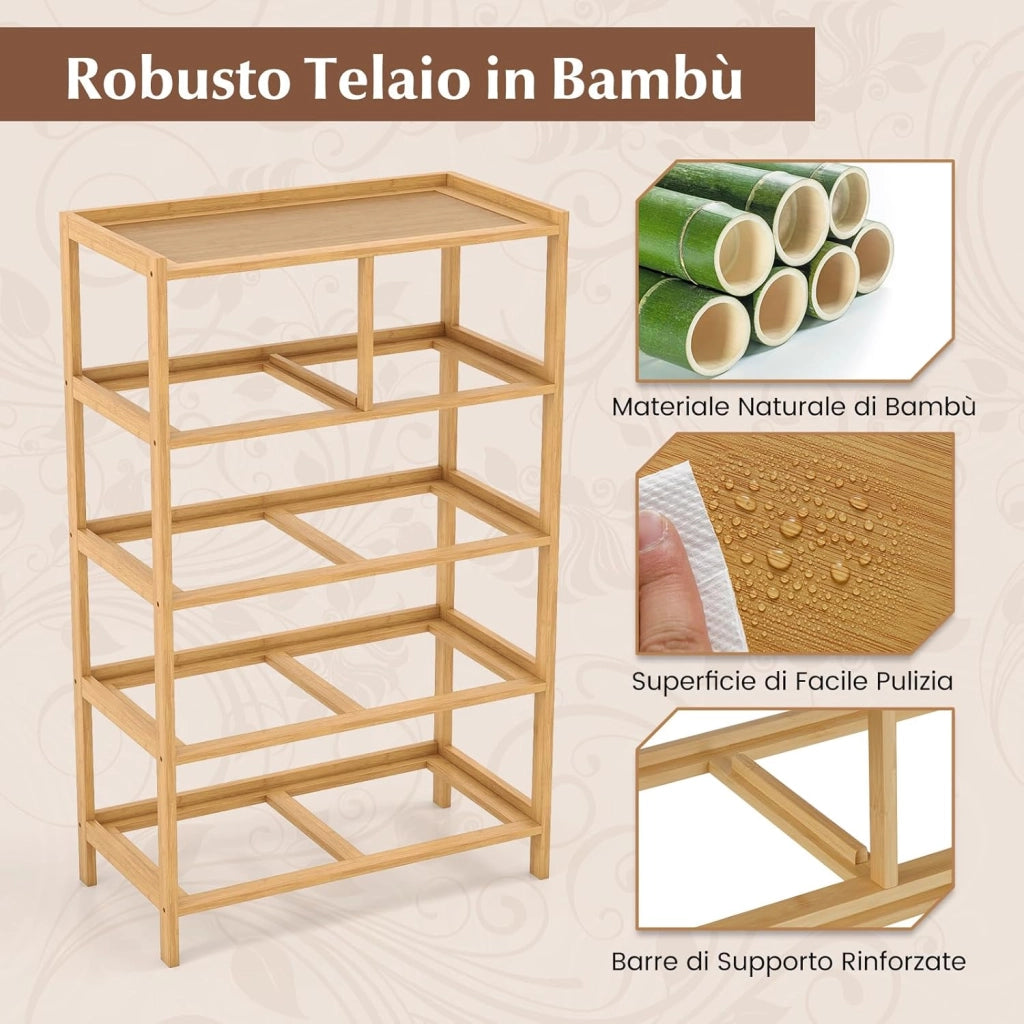 Cassettiera a 5 Cassetti, Torretta Contenitore in Bambù con 5 Cassetti Pieghevoli in Tessuto e Ripiano Superiore, Cassettiera Verticale Alta per Camera da Letto, Soggiorno, Naturale