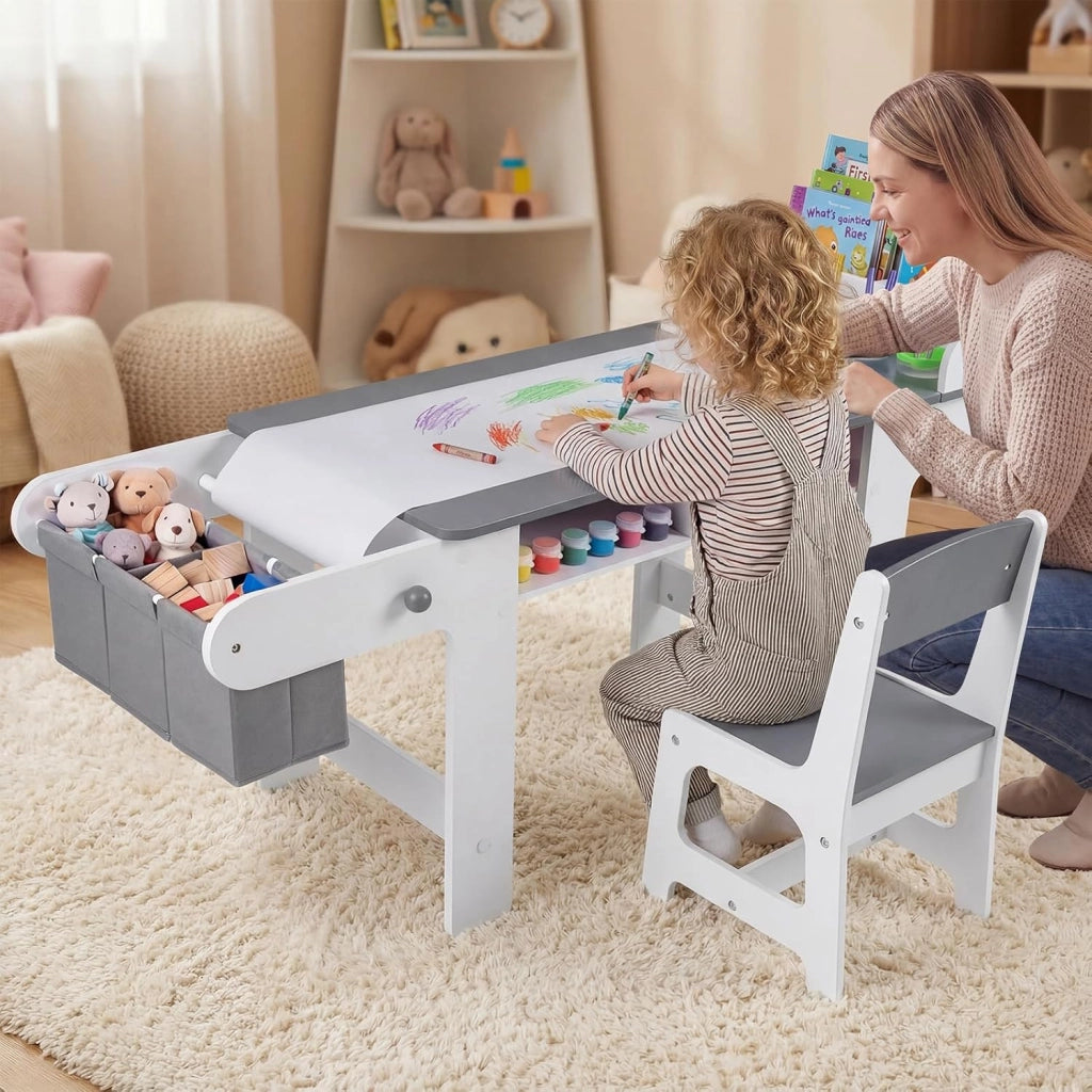 Set Tavolo e Sedia per Bambini 3+ Anni con Rotolo di Carta | Tavolo da Disegno Creativo con Vaschette per Colori e Contenitori in Tessuto, Mobile Montessori per Cameretta e Scuola